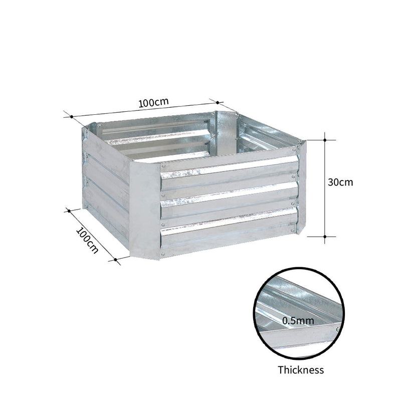 100cm Square Galvanized Raised Garden Bed Planter Box Silver Outdoor Use