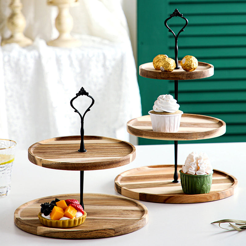 Acacia Wood Dessert Tray 15cm 2 Tier Round Brown Metal Handle