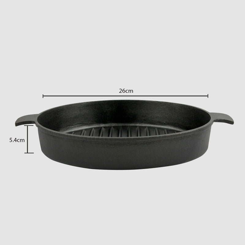 Round Ribbed Cast Iron Skillet 26cm Pre-Seasoned Non-Stick Sizzle Platter