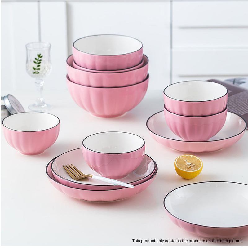 Japanese Ceramic Dinnerware Pink 4.5 Inch Bowl 7.5 Inch Plate Stackable Set of 4