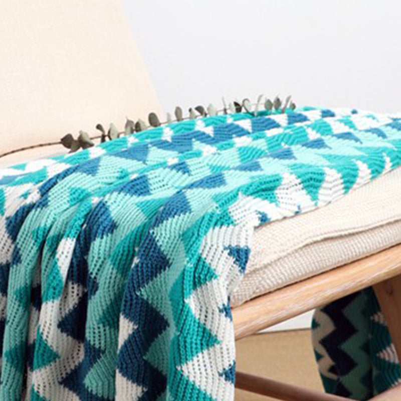 Zigzag Striped Acrylic Throw Blanket 130x170cm Knitted Fringed Blue Teal