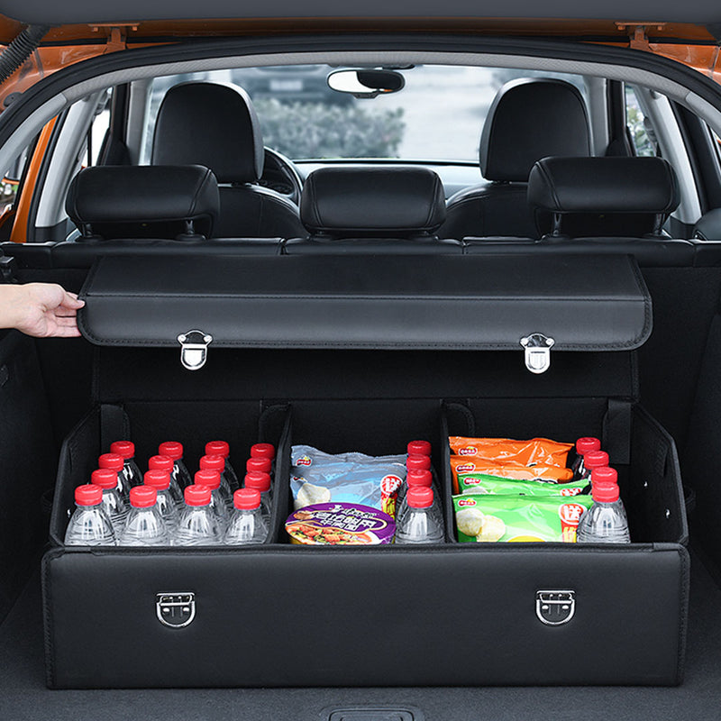 Leather Car Boot Organizer Foldable Storage Box With Lock Black Large