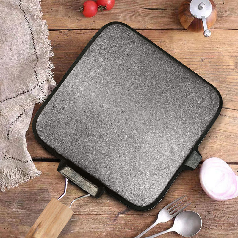 2X 24cm Cast Iron Square Grill Pan Ribbed Surface Folding Wooden Handle