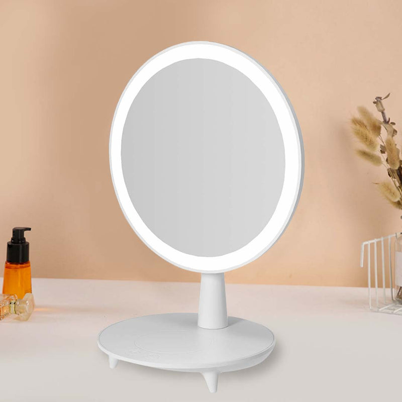 Round White Rechargeable LED Makeup Mirror with Storage and Viewing Angle