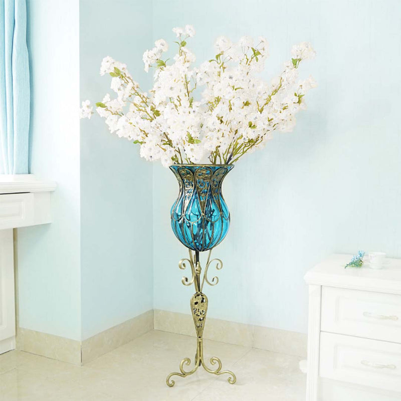 85cm Tall Blue Glass Floor Vase Gold Metal Stand