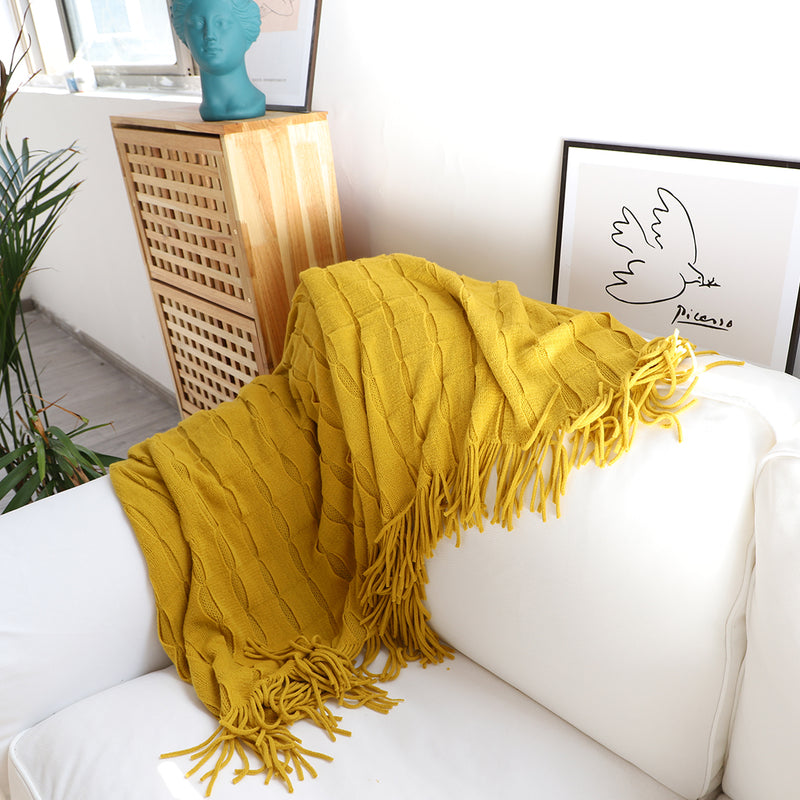 Mustard Knitted Throw Blanket Acrylic 130cmx170cm Textured Tassels Cozy