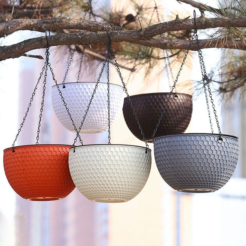 White Hanging Resin Flower Pot Medium 21x14x46cm Self Watering Drainage Chain