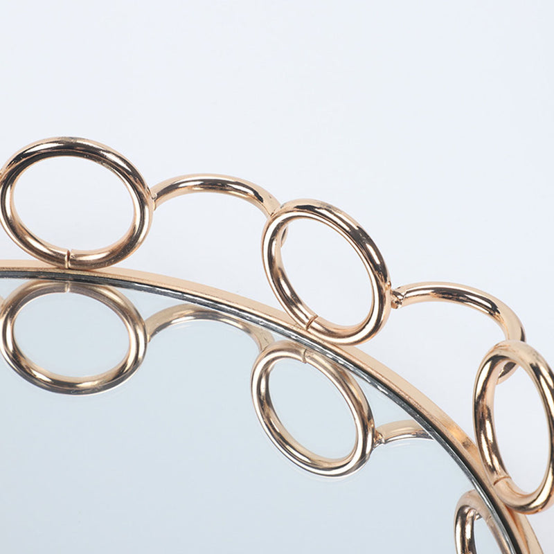 33cm Bronze Round Vanity Tray Glass Mirror Metal Wireframe Handles