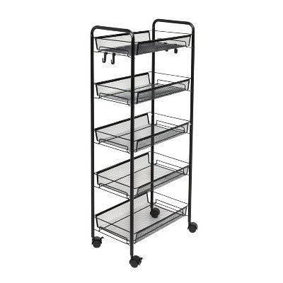 2X 5 Tier Steel Mesh Kitchen Cart With Wheels Black 44x27x105cm 10kg Per Shelf