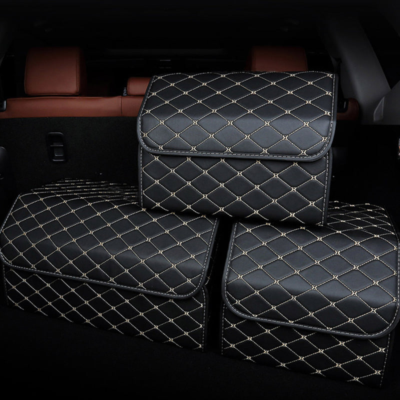 2X Leather Car Boot Organizer Large 55x30x30cm Collapsible Black Gold Stitch