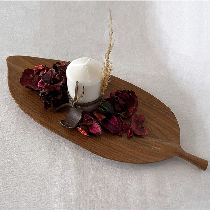 Set of 2 Walnut Leaf Shape Acacia Wood Tray Serving Board Paddle Home Decor