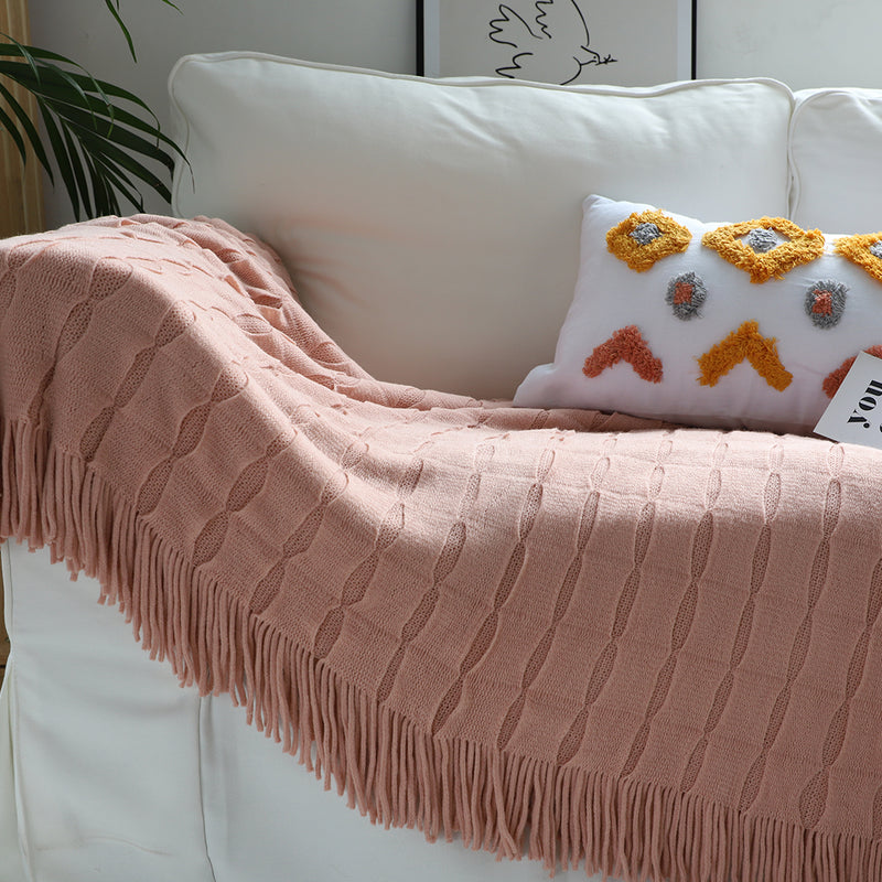 Pink Textured Knitted Throw Blanket Acrylic 130x170cm Cozy Fringes Home Decor