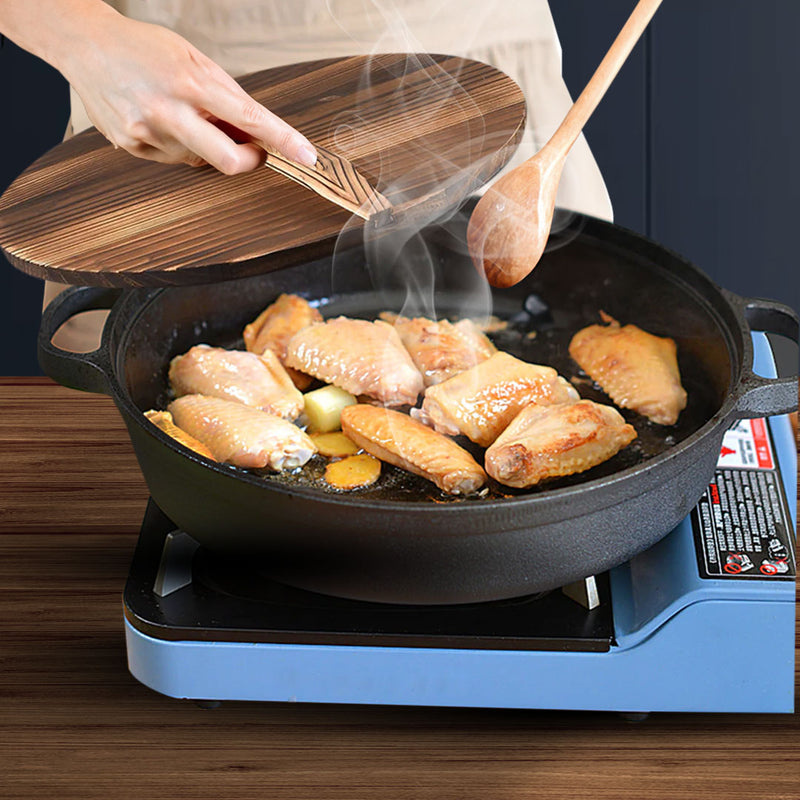 2X 33cm Preseasoned Cast Iron Deep Skillet Pan Black Wooden Lid