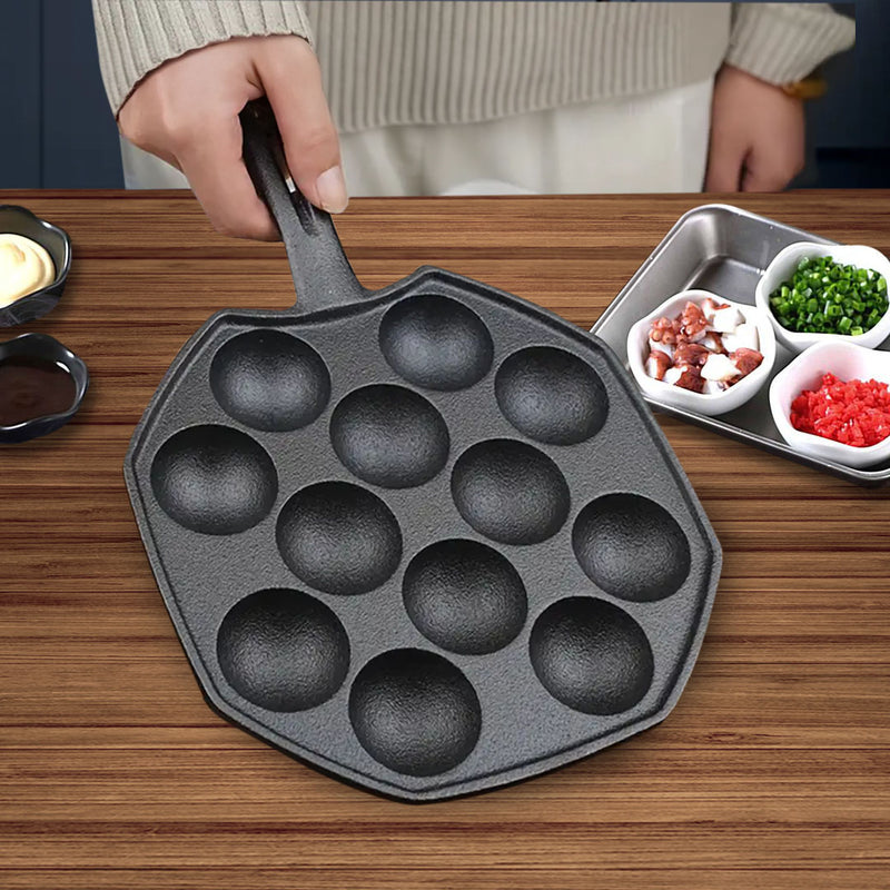 18CM Cast Iron Takoyaki Pan 12 Hole Grill Mold Non-Stick Stovetop Skillet