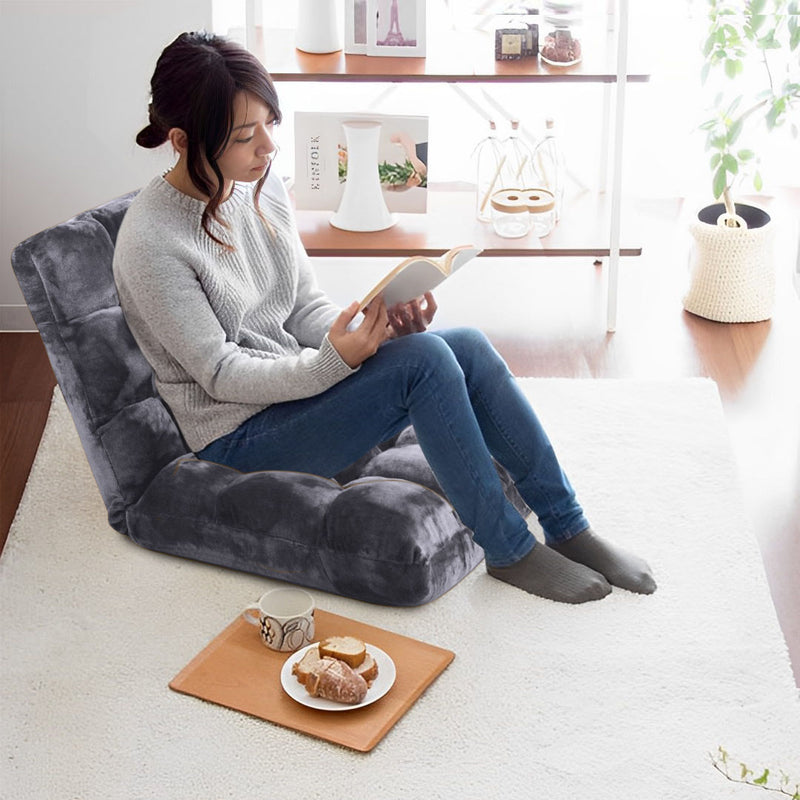 Floor Recliner Folding Lounge Sofa Chair Cushion Grey with 6 Angle Adjustment