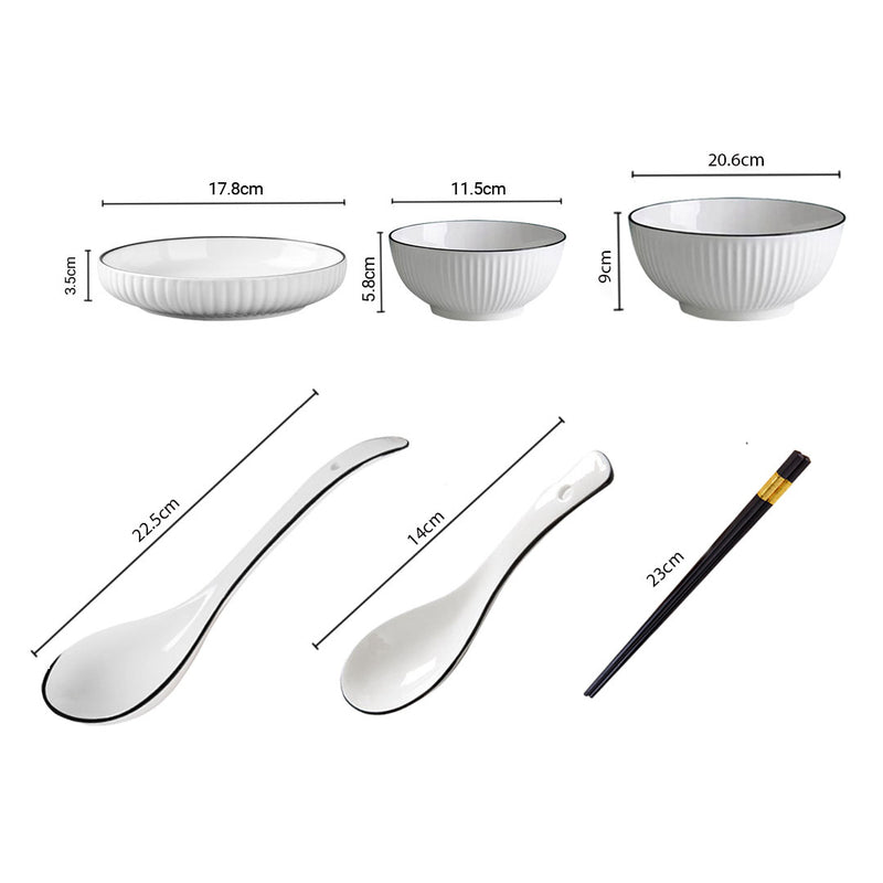 Japanese Style White Ceramic Dinnerware Set of 5 4.5in Bowl 7in Plate 8in Soup