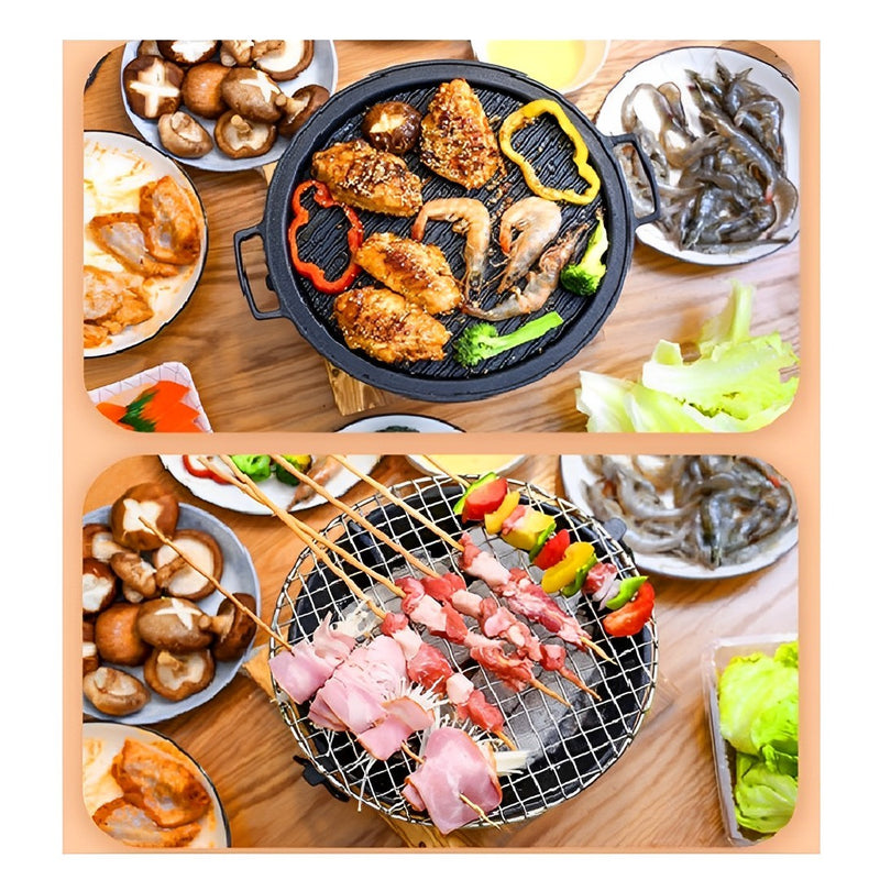 Small Cast Iron Tabletop Charcoal Grill 21cm Steel Net Black Wood Base