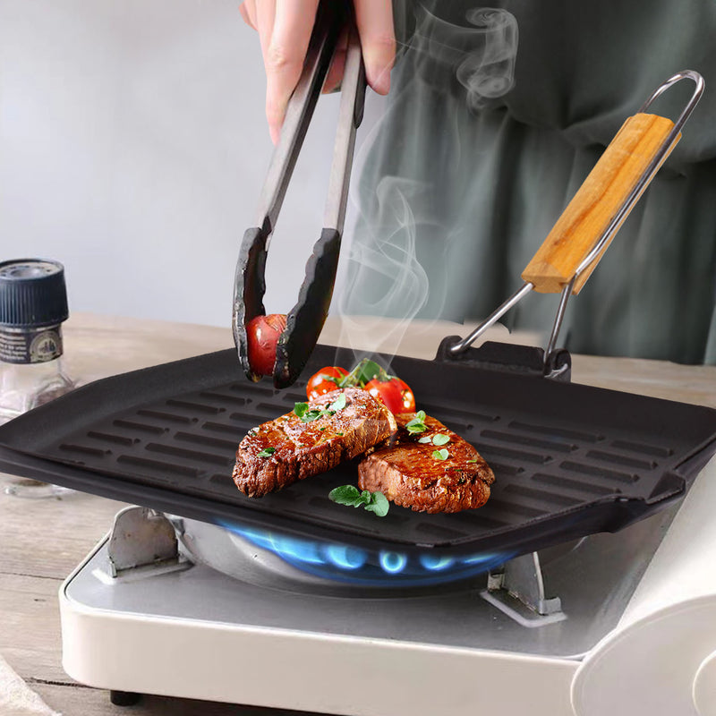 Rectangular Cast Iron Grill Pan 21x35cm Ridged Folding Wood Handle Black