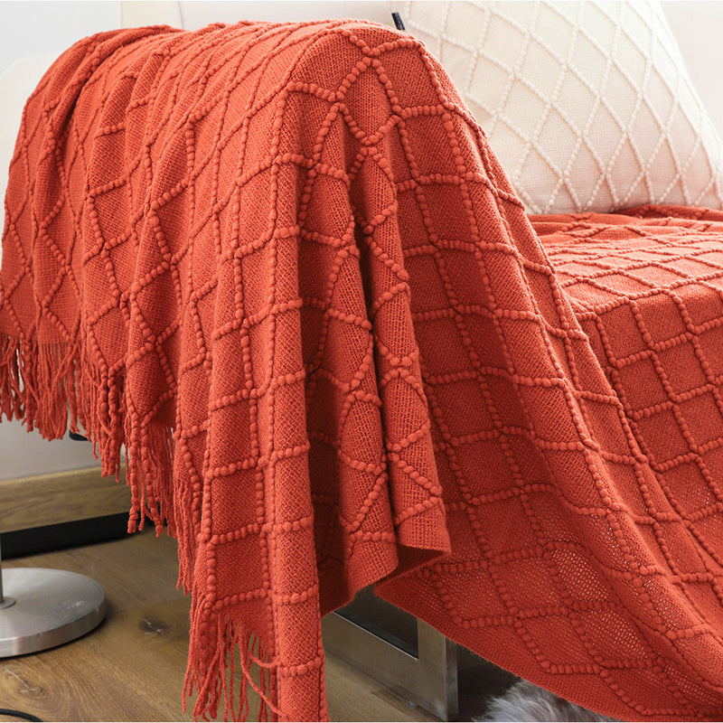 2X Red Knitted Acrylic Throw Blanket Jacquard Diamond Pattern Tassels