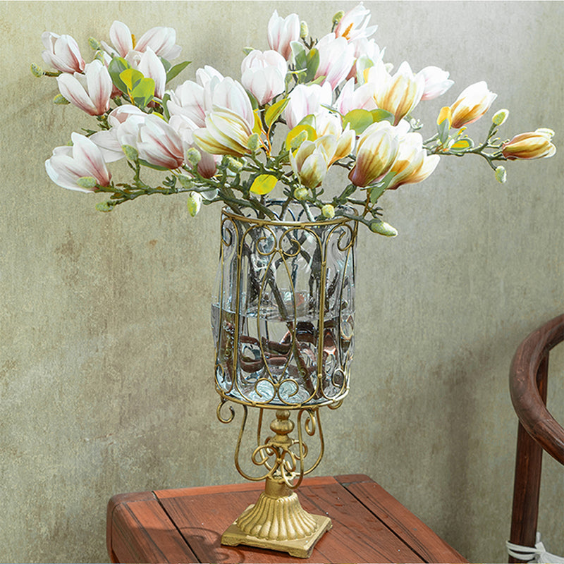 European Clear Glass Cylinder Vase Gold Metal Pattern 38cm Home Decor