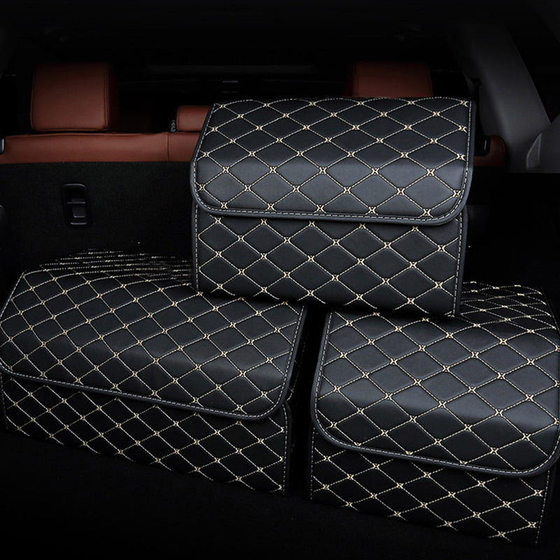 2X Leather Car Boot Organizer Medium Collapsible Foldable Black Gold Stitch