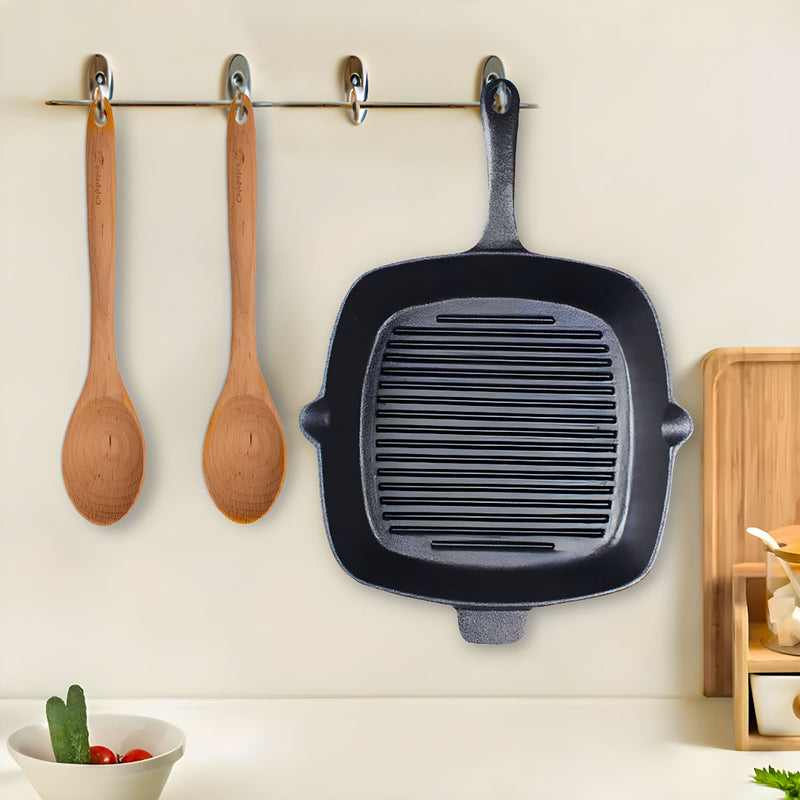 26cm Square Ribbed Cast Iron Grill Pan Preseasoned Induction Ready Handle