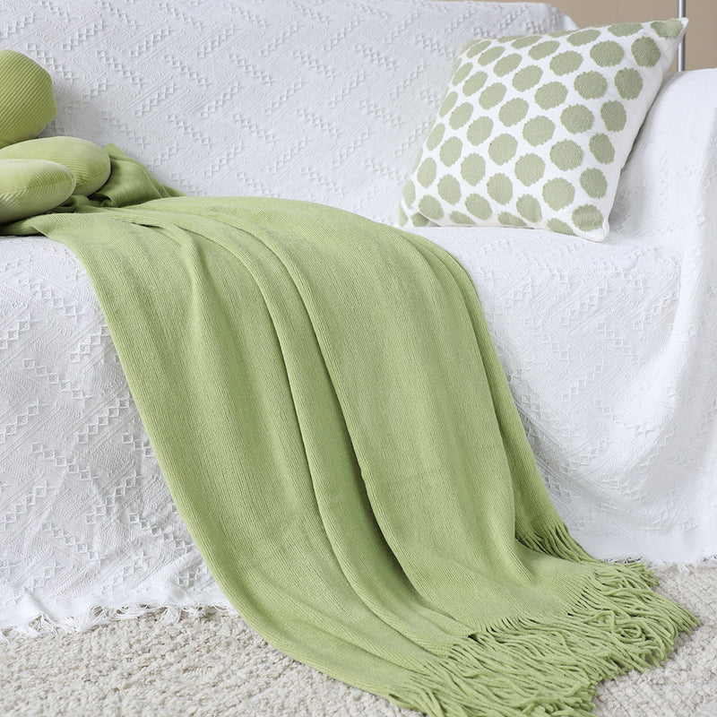 Green Acrylic Knitted Throw Blanket 130cmx220cm Solid Fringed Home Decor