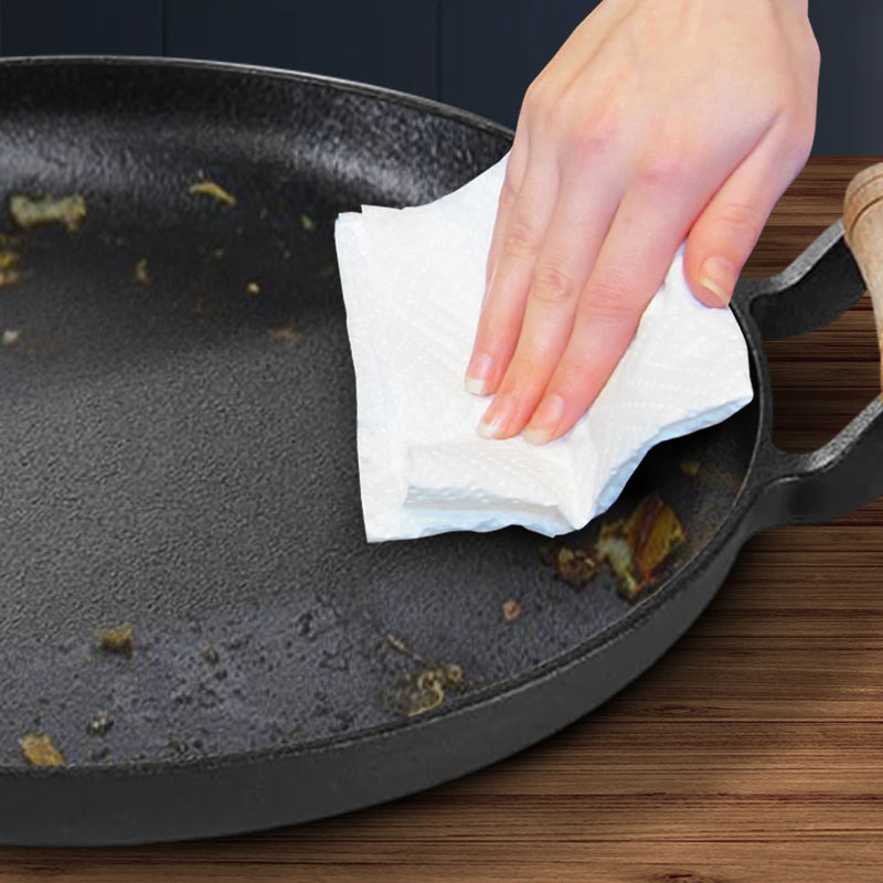 2X 35cm Cast Iron Sizzle Pan Skillet With Wooden Handle Induction Safe