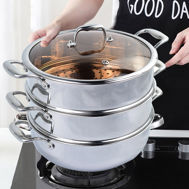 2X 3 Tier 32cm Stainless Steel Food Steamer Pot With Glass Lid Stackable Insert