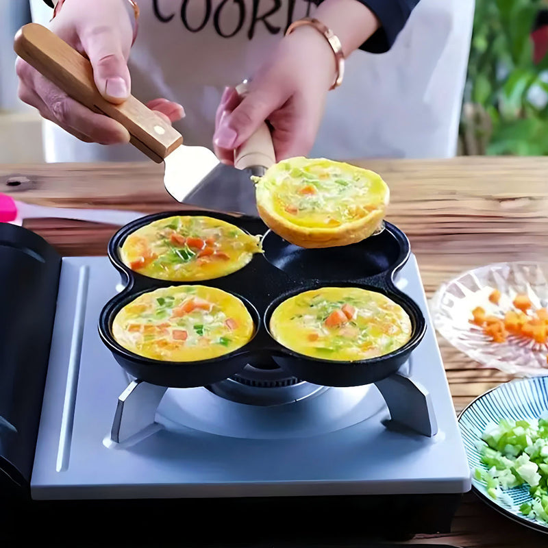 Cast Iron 4 Mold Breakfast Pan Nonstick 22cm for Omelet Pancake with Wood Handle