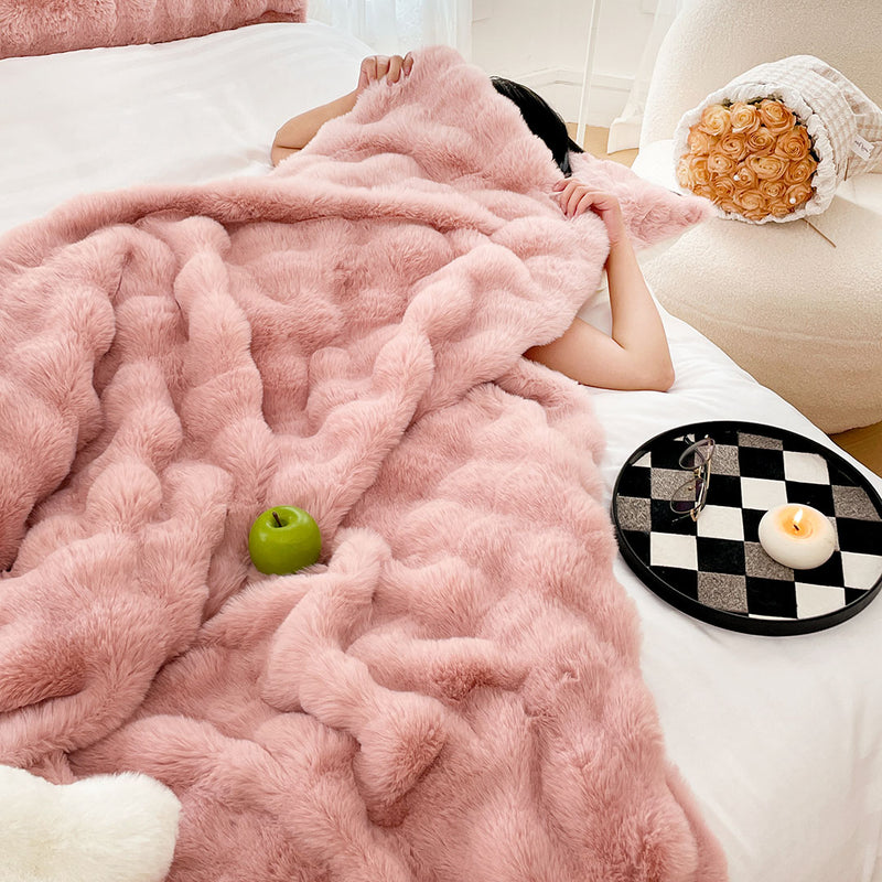 Plush Fur Polyester Throw Blanket 200x230cm Pink Machine Washable