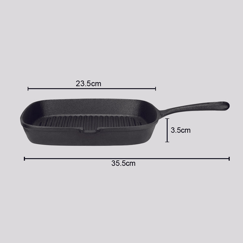 Square Ribbed Cast Iron Fry Pan Skillet 23.5cm Nonstick With Handle Black