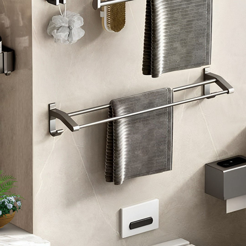 2X 62cm Aluminum Rust Proof Double Pole Wall Mounted Towel Rack Gray Hooks