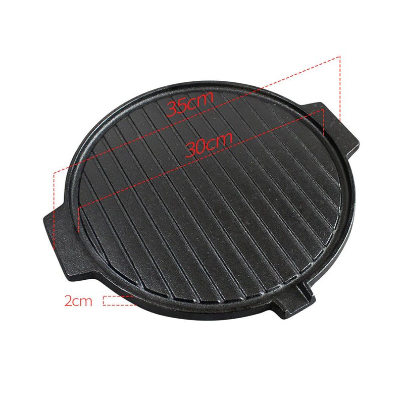 30CM Round Cast Iron Korean Grill Plate With Handles Drip Lip Black Preseasoned