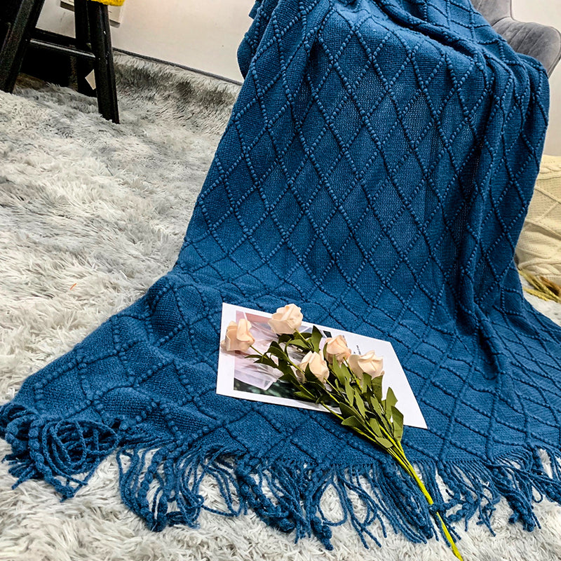 2X Royal Blue Acrylic Knitted Throw Blanket 130x230cm Diamond Fringed
