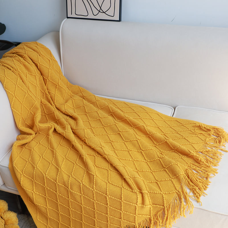 2X Knitted Throw Blanket 100% Acrylic 130cmx230cm Diamond Pattern Yellow Tassels