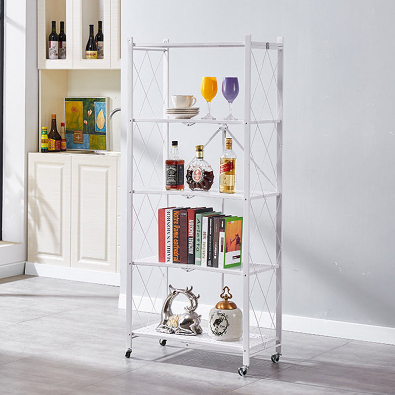 5 Tier Carbon Steel Foldable Kitchen Cart White Locking Wheels 20Kg Per Shelf