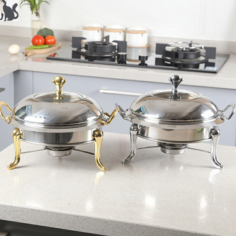Stainless Steel Round Buffet Chafer Food Warmer Gold Accents Glass Lid 34cm
