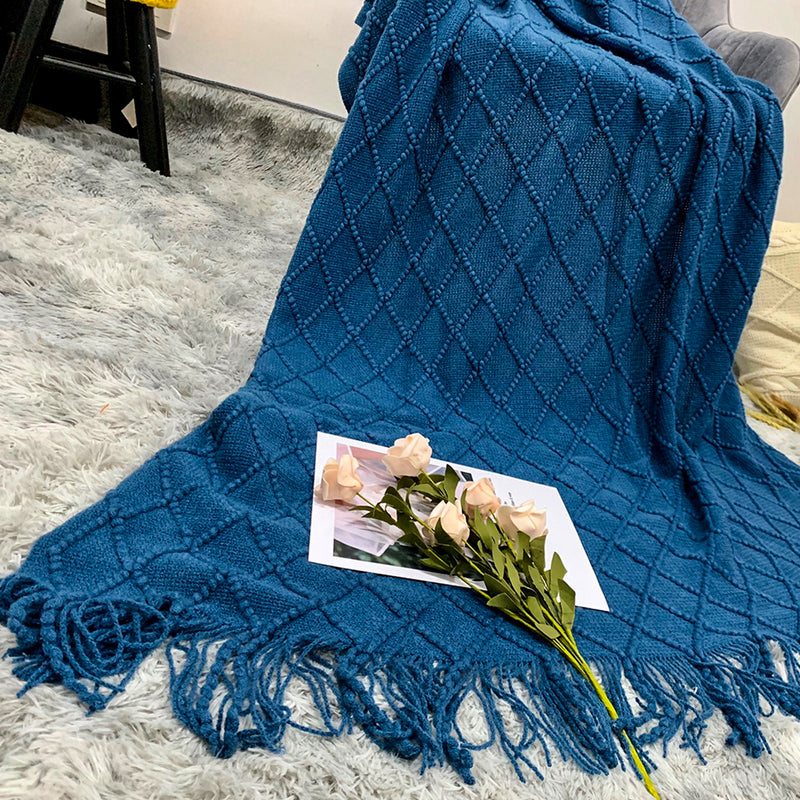 Royal Blue Acrylic Knitted Throw Blanket 130cmx230cm Diamond Jacquard Tassels