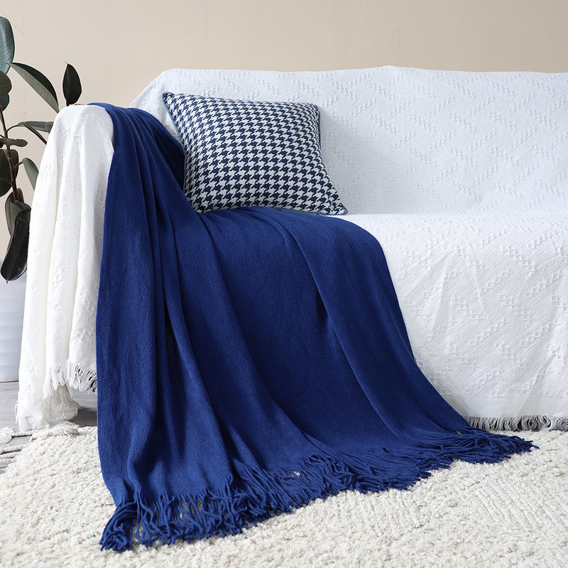 Acrylic Knitted Throw Blanket Royal Blue 130cmx220cm Fringed Cozy Home Decor