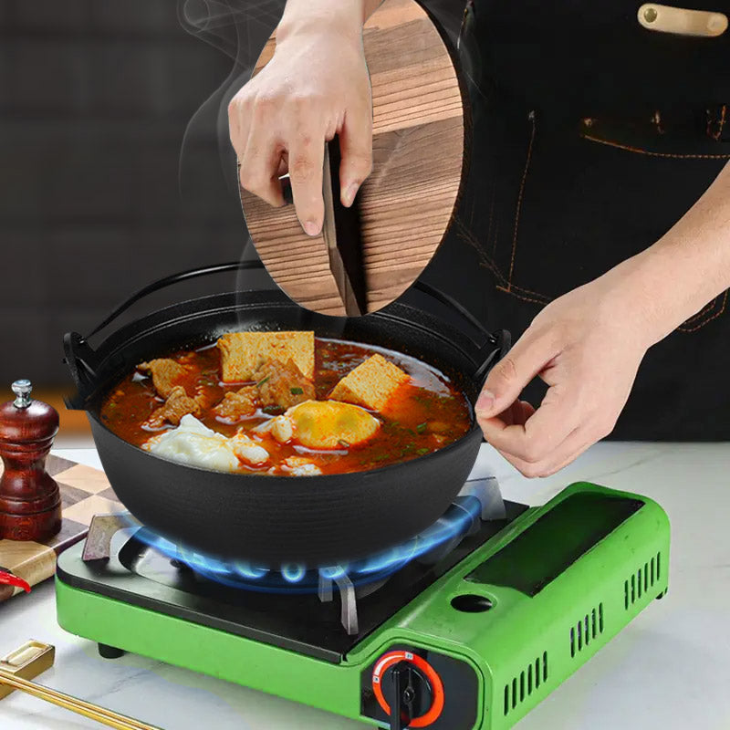Sukiyaki Nabe 29cm Cast Iron Hot Pot Wooden Lid Stovetop 1 To 2 Person Nonstick