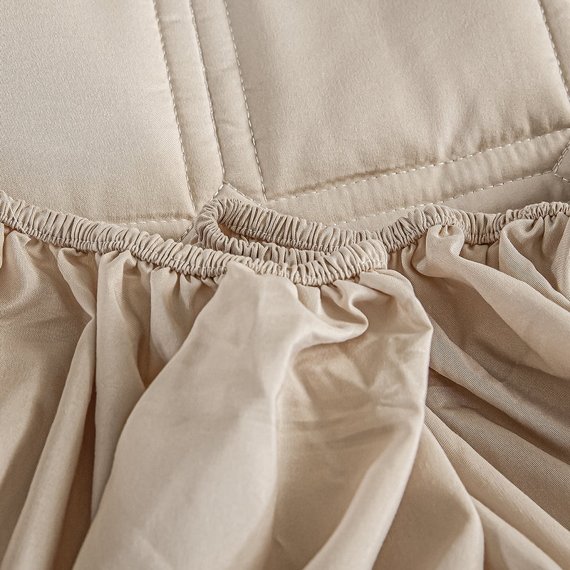 2X Beige Polyester Quilted Stretch Mattress Cover 203x183x40cm 4 Pillow Covers