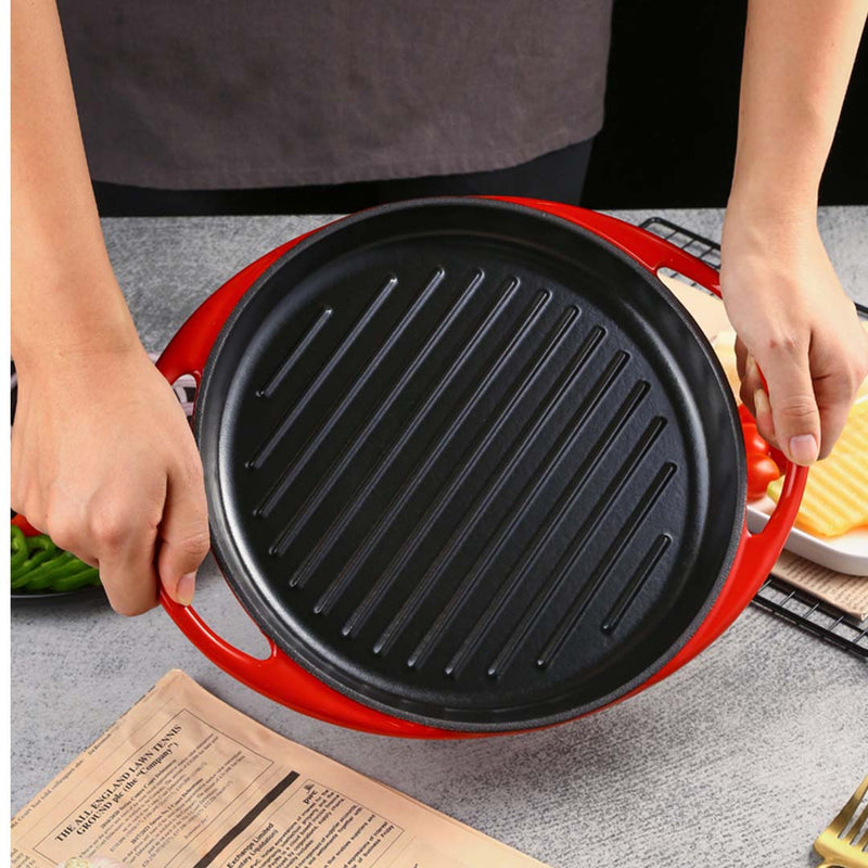 Enameled Cast Iron Grill Pan 26cm Red Skillet Oven Safe Induction