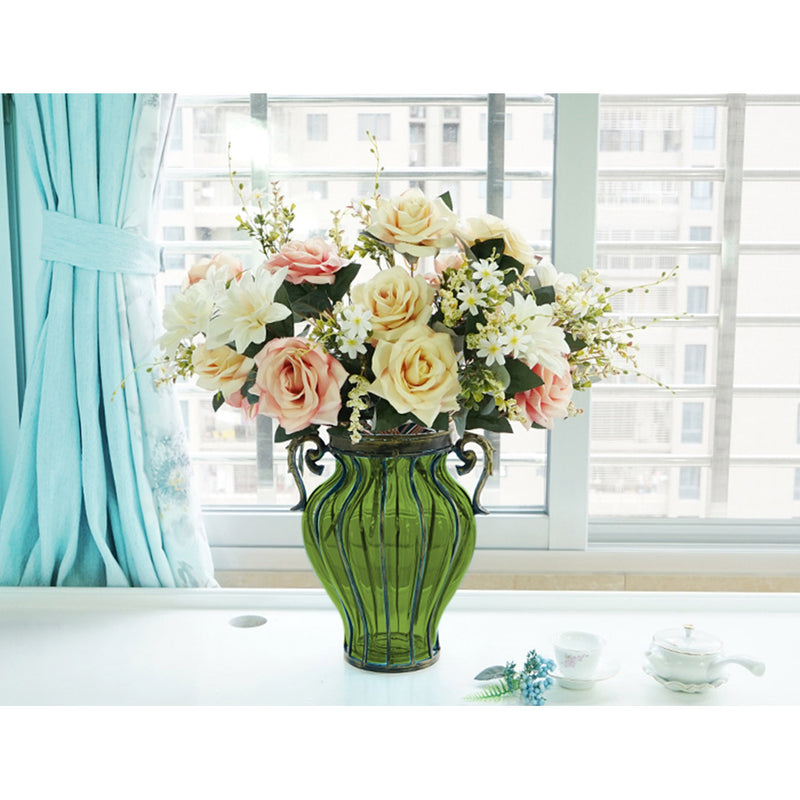 Green Glass Flower Vase European Style With Two Gold Metal Handles 25cm X 33cm