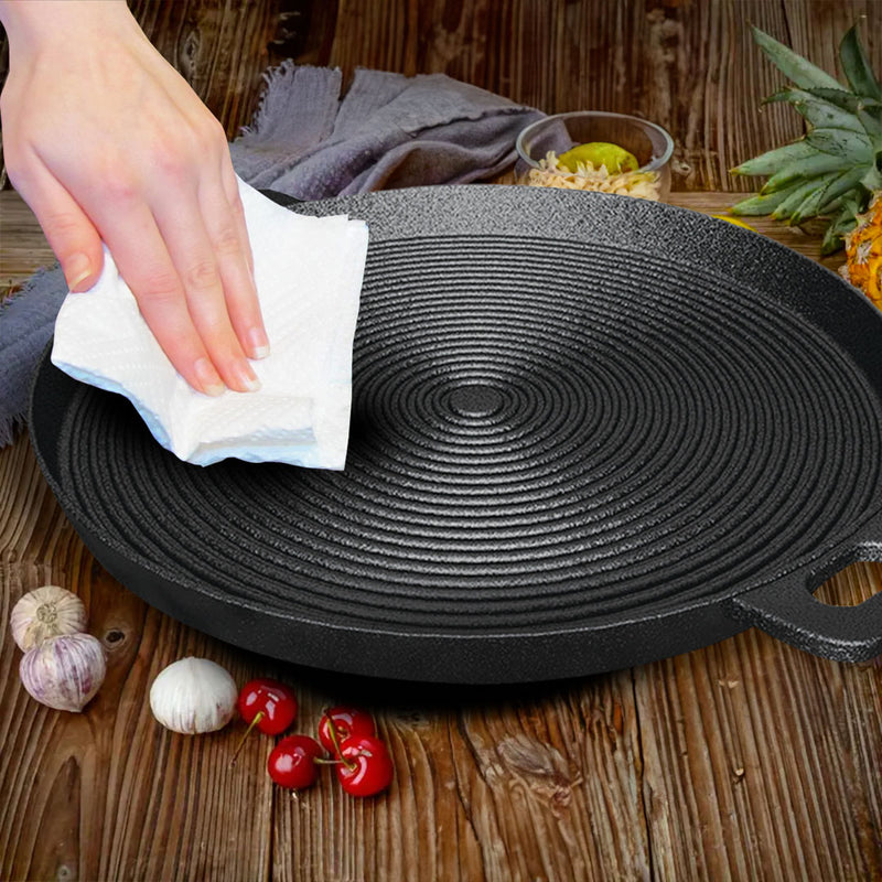 35cm Round Ribbed Cast Iron Frying Pan Pre Seasoned Handle Induction Ready