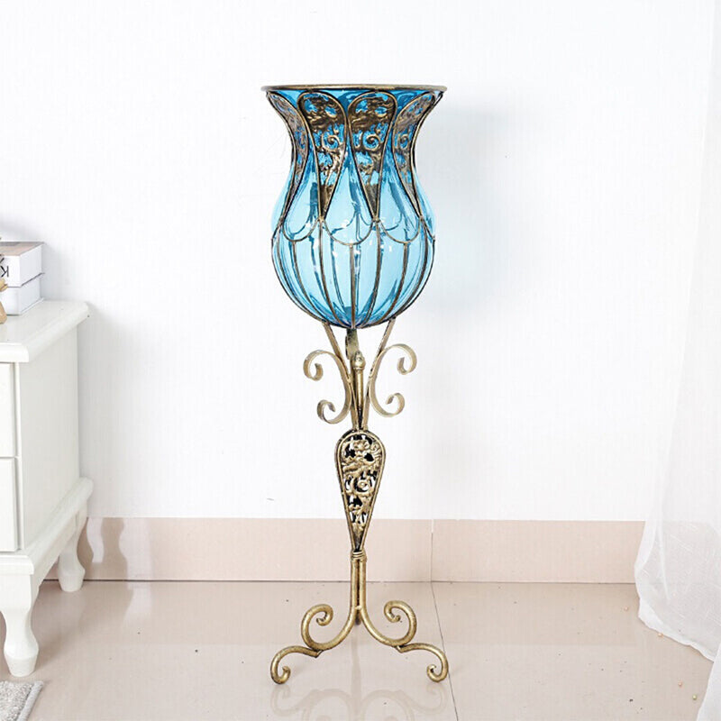 85cm Blue Glass Floor Vase Gold Metal With 12pcs Dark Pink Artificial Flowers
