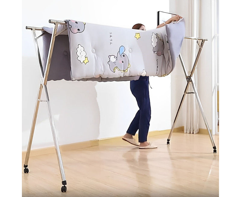 2X 1.6m Stainless Steel Foldable Clothes Drying Rack With Wheels 40kg Silver