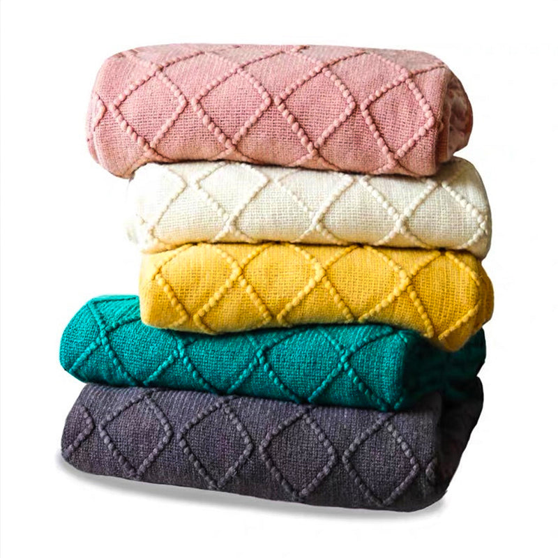 Green Knitted Throw Blanket 130x230cm Diamond Pattern Acrylic With Tassels