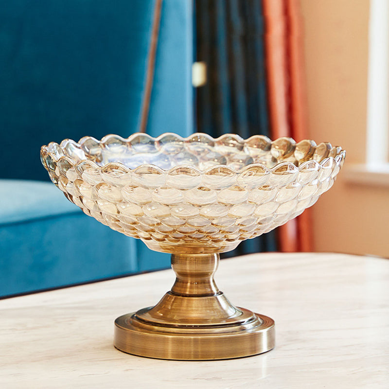 Bronze Glass Pedestal Fruit Bowl 30cm X 18cm Iron Base Crystal Decor