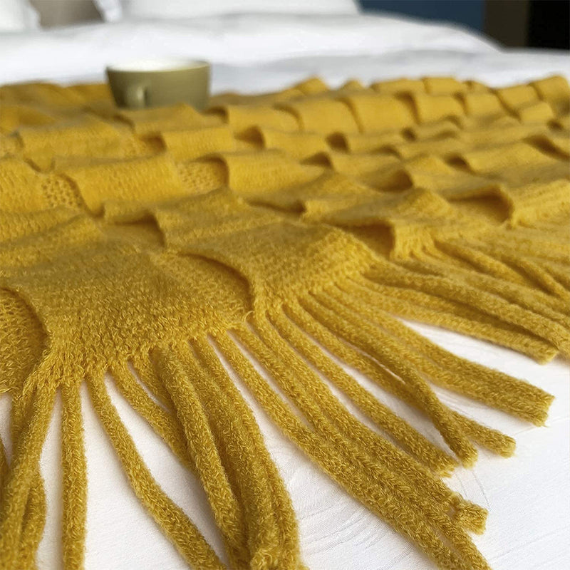 Mustard Knitted Throw Blanket Acrylic 130cmx170cm Textured Tassels Cozy